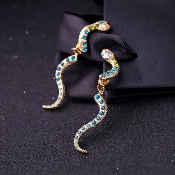 Blue Crystal Snake Vintage Gold Stud Drop Statement Earrings - Picture 11 of 13